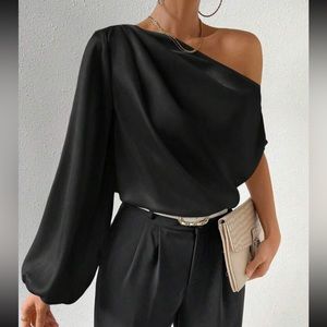 Women's Ruched Shirred Lantern Long Sleeve Square Neck Blouse Crop Satin Top Black Small